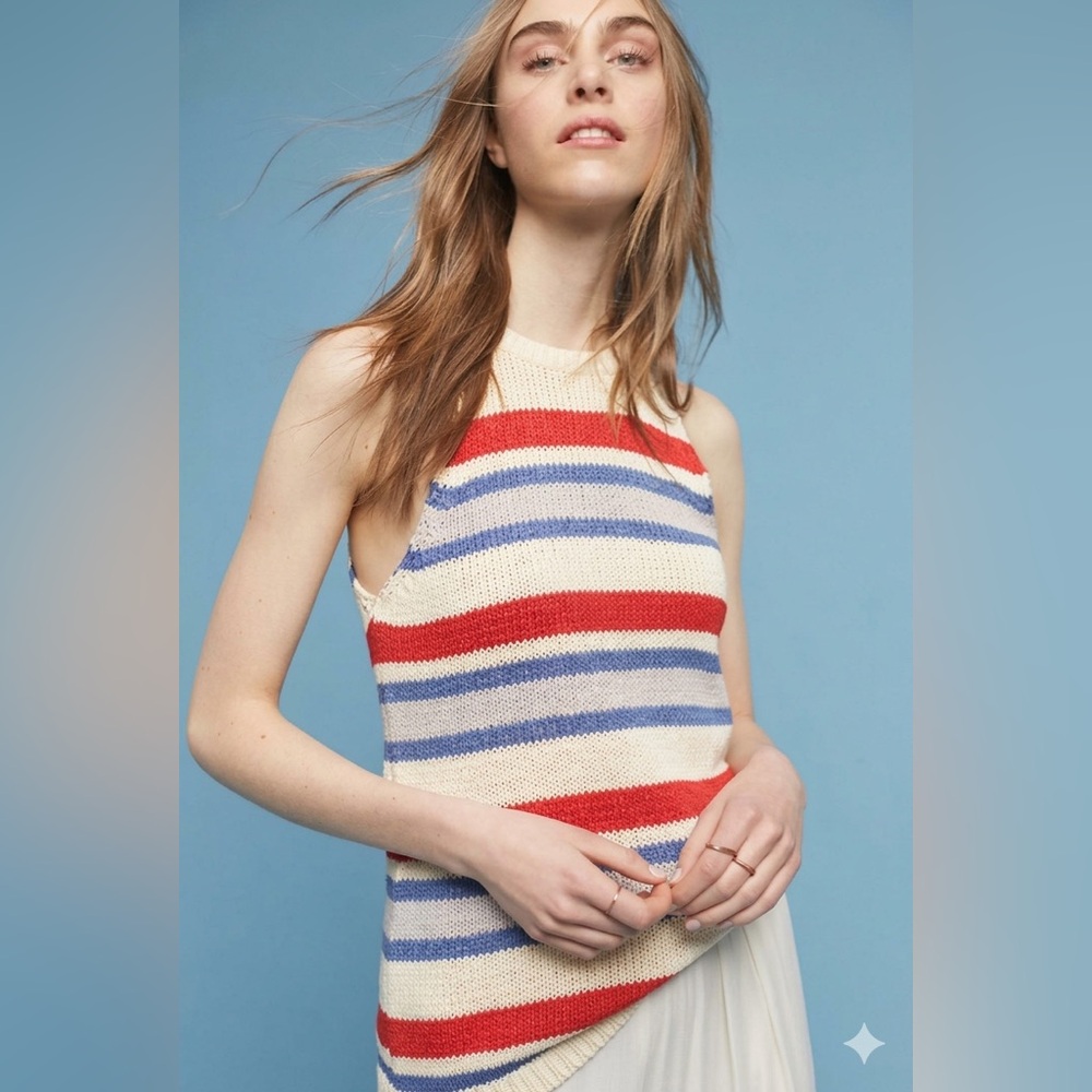 Anthropologie by Moth Cream Red and Blue Striped Knit Halter Tank